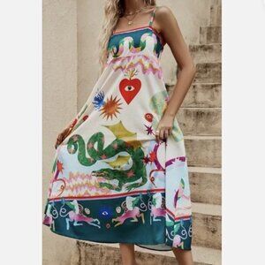 Colorful White Dragon Print Vacation Cotton Blend Dress